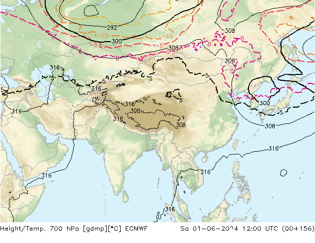 Géop./Temp. 700 hPa ECMWF sam 01.06.2024 12 UTC