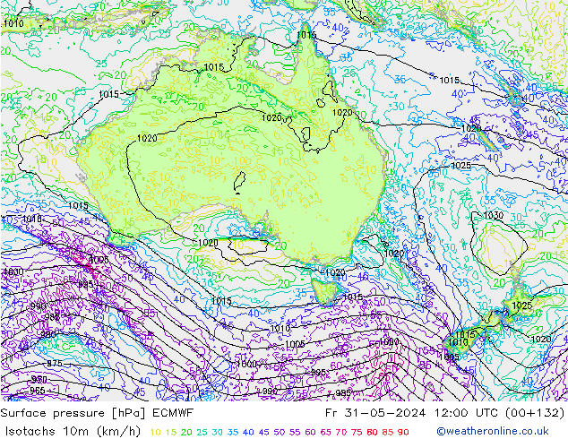 Isotachs (kph) ECMWF ven 31.05.2024 12 UTC