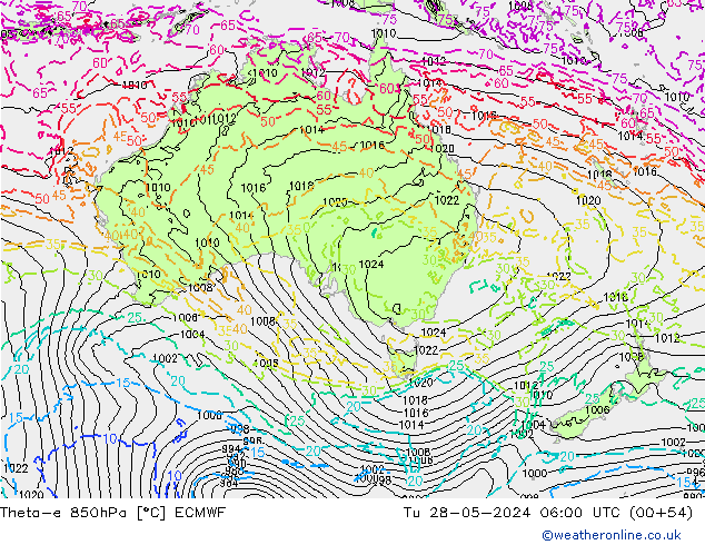 Theta-e 850hPa ECMWF Tu 28.05.2024 06 UTC