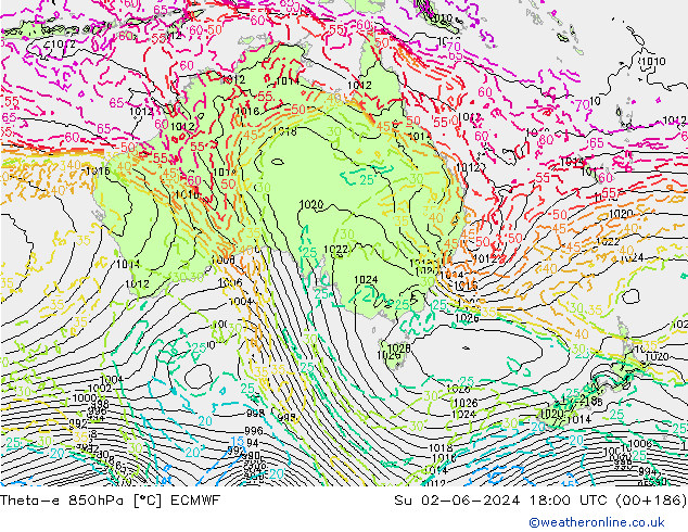 Theta-e 850hPa ECMWF Su 02.06.2024 18 UTC