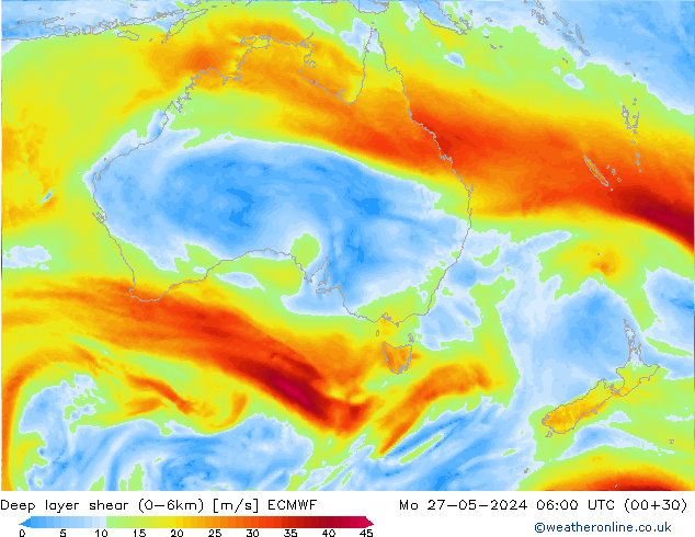 Deep layer shear (0-6km) ECMWF Mo 27.05.2024 06 UTC