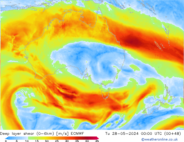 Deep layer shear (0-6km) ECMWF Út 28.05.2024 00 UTC