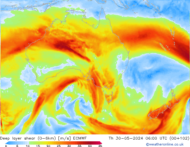 Deep layer shear (0-6km) ECMWF Th 30.05.2024 06 UTC