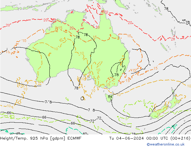 Géop./Temp. 925 hPa ECMWF mar 04.06.2024 00 UTC