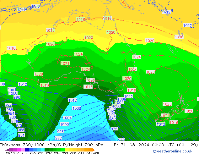 Thck 700-1000 hPa ECMWF ven 31.05.2024 00 UTC