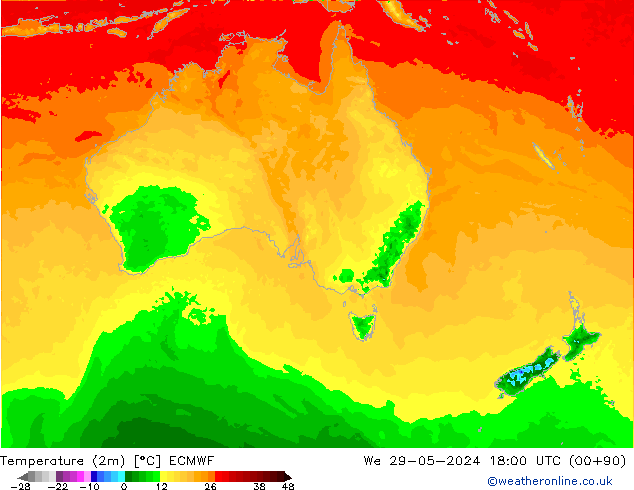 Temperatuurkaart (2m) ECMWF wo 29.05.2024 18 UTC