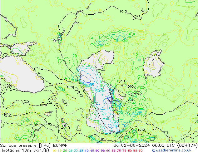 Isotachs (kph) ECMWF Dom 02.06.2024 06 UTC