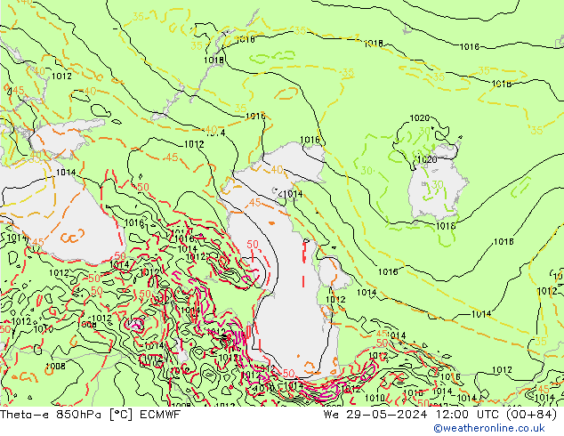 Theta-e 850hPa ECMWF wo 29.05.2024 12 UTC