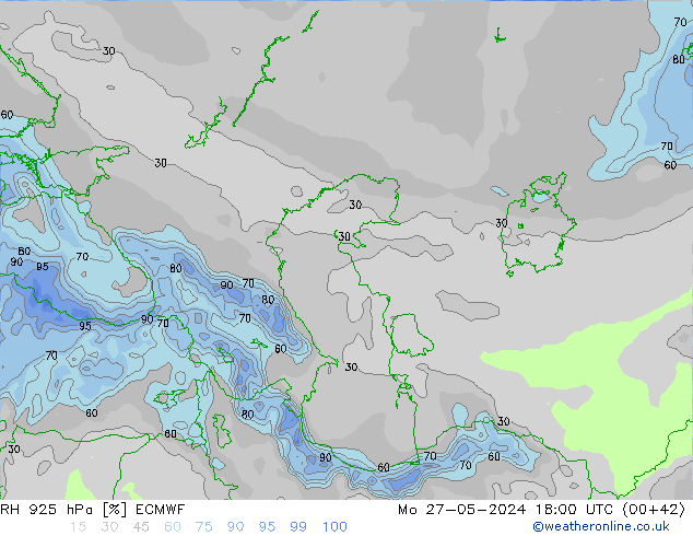 Humedad rel. 925hPa ECMWF lun 27.05.2024 18 UTC