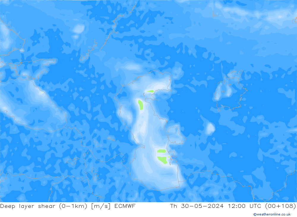 Deep layer shear (0-1km) ECMWF  30.05.2024 12 UTC