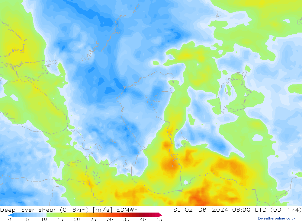 Deep layer shear (0-6km) ECMWF dom 02.06.2024 06 UTC