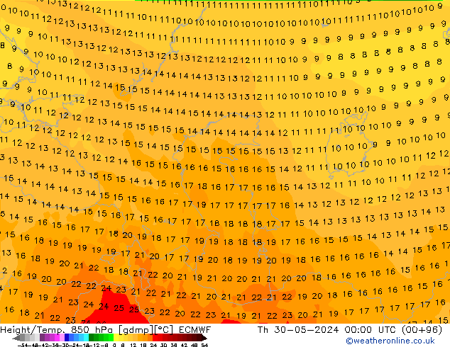 Z500/Rain (+SLP)/Z850 ECMWF Čt 30.05.2024 00 UTC