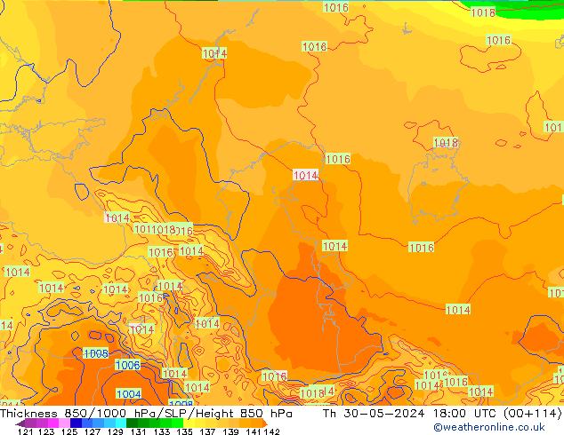 Thck 850-1000 hPa ECMWF Qui 30.05.2024 18 UTC