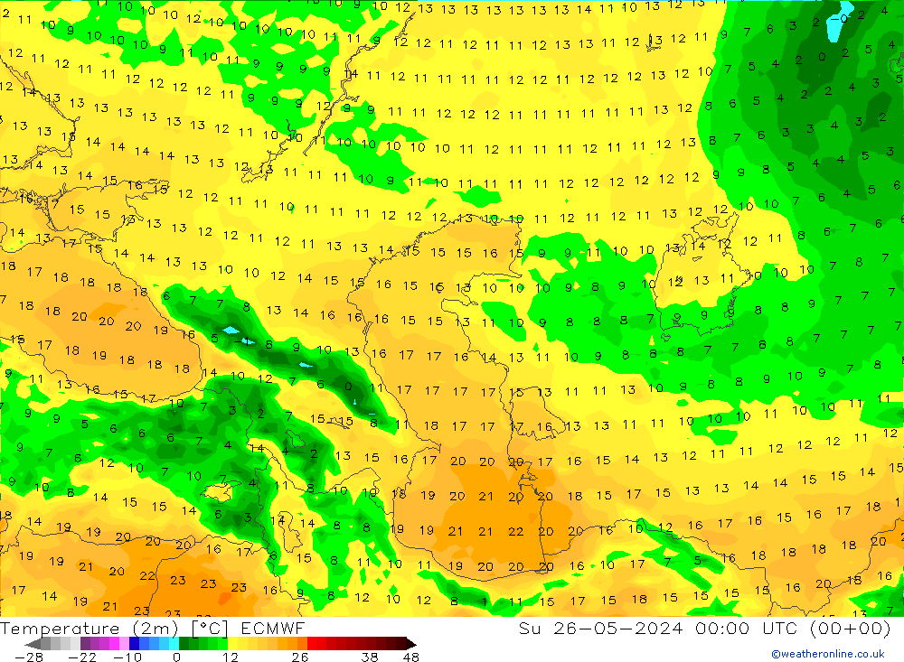 Temperaturkarte (2m) ECMWF So 26.05.2024 00 UTC