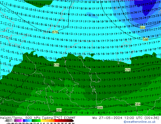 Z500/Rain (+SLP)/Z850 ECMWF Po 27.05.2024 12 UTC