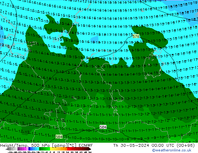 Z500/Rain (+SLP)/Z850 ECMWF Čt 30.05.2024 00 UTC