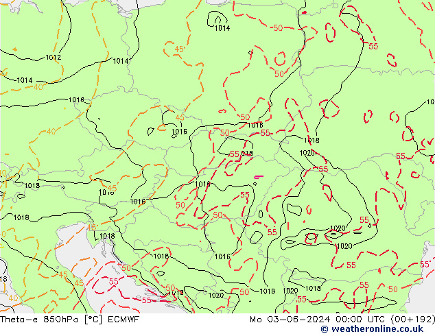 Theta-e 850hPa ECMWF pon. 03.06.2024 00 UTC