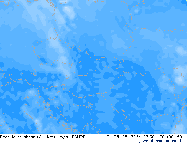 Deep layer shear (0-1km) ECMWF Tu 28.05.2024 12 UTC