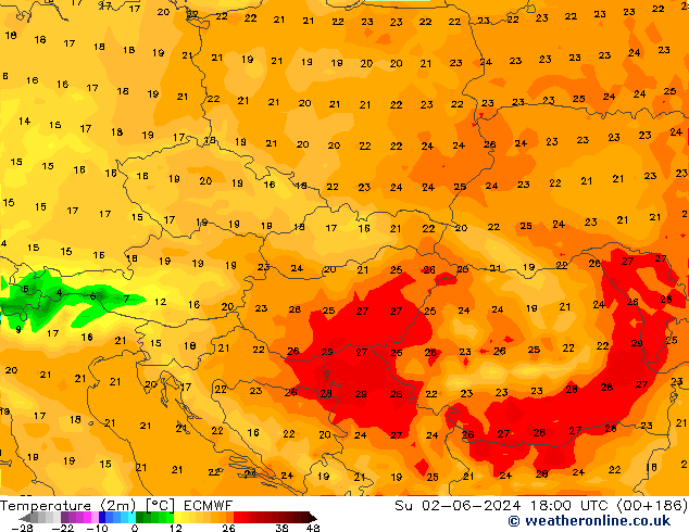 Sıcaklık Haritası (2m) ECMWF Paz 02.06.2024 18 UTC