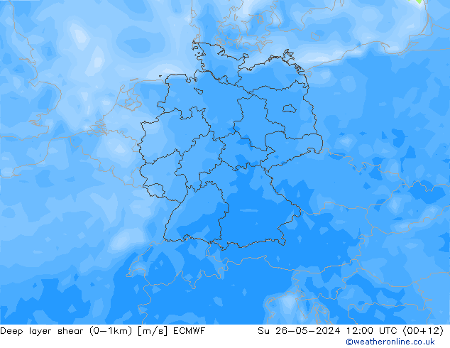 Deep layer shear (0-1km) ECMWF 星期日 26.05.2024 12 UTC