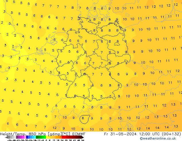 Height/Temp. 850 hPa ECMWF Pá 31.05.2024 12 UTC