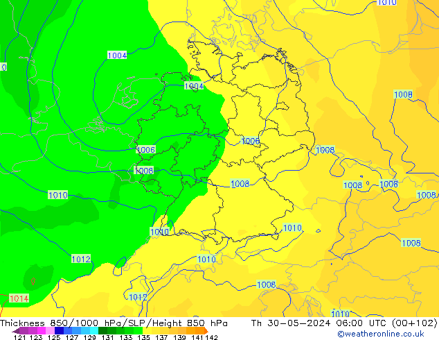 Schichtdicke 850-1000 hPa ECMWF Do 30.05.2024 06 UTC