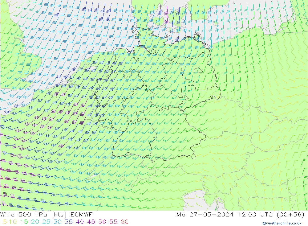 Wind 500 hPa ECMWF Mo 27.05.2024 12 UTC