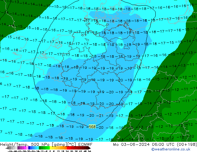 Height/Temp. 500 hPa ECMWF pon. 03.06.2024 06 UTC