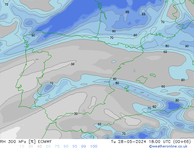 Humidité rel. 300 hPa ECMWF mar 28.05.2024 18 UTC