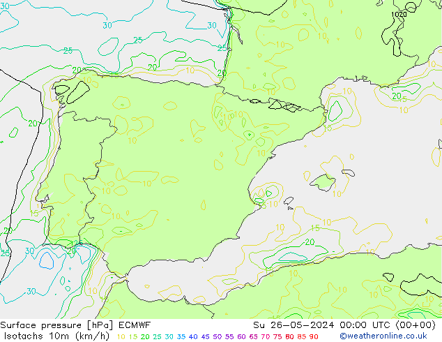 Isotachs (kph) ECMWF  26.05.2024 00 UTC