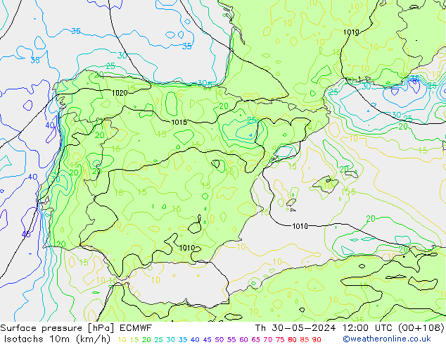 Isotachs (kph) ECMWF Čt 30.05.2024 12 UTC