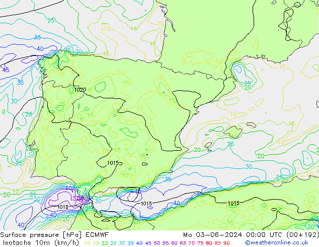 Isotachs (kph) ECMWF пн 03.06.2024 00 UTC