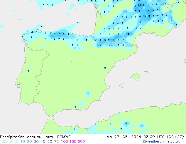 Precipitation accum. ECMWF Mo 27.05.2024 03 UTC