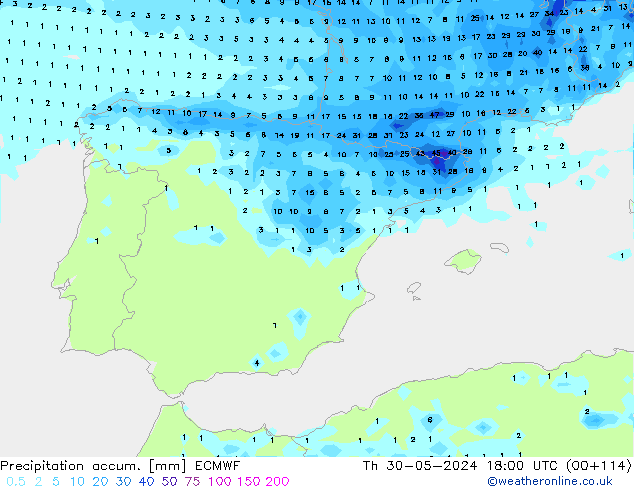 Precipitación acum. ECMWF jue 30.05.2024 18 UTC