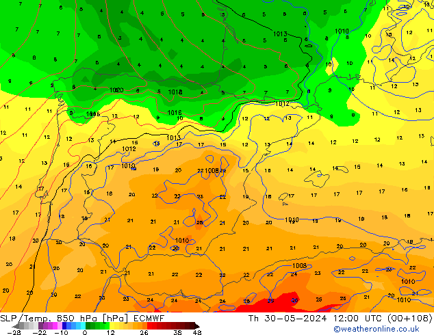 SLP/Temp. 850 hPa ECMWF  30.05.2024 12 UTC