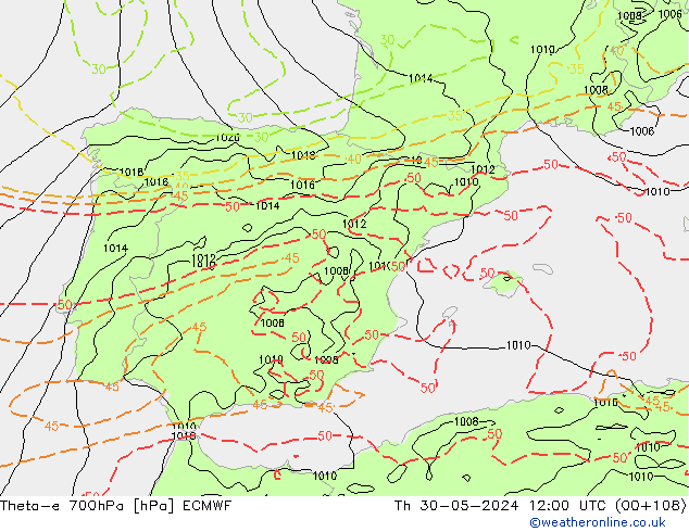 Theta-e 700hPa ECMWF Th 30.05.2024 12 UTC