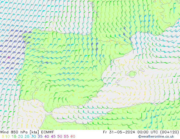 Vento 850 hPa ECMWF ven 31.05.2024 00 UTC