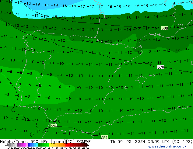 Z500/Rain (+SLP)/Z850 ECMWF Čt 30.05.2024 06 UTC