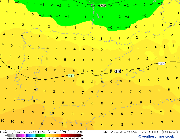 Height/Temp. 700 hPa ECMWF Po 27.05.2024 12 UTC