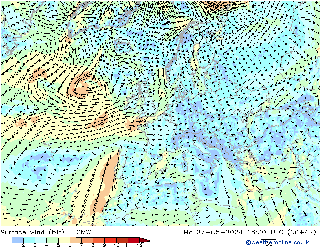 Surface wind (bft) ECMWF Po 27.05.2024 18 UTC