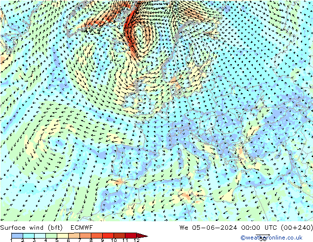 wiatr 10 m (bft) ECMWF śro. 05.06.2024 00 UTC