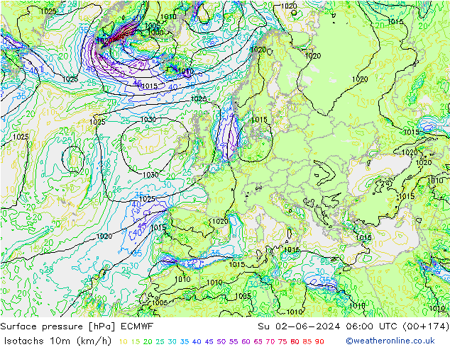 Isotachen (km/h) ECMWF So 02.06.2024 06 UTC