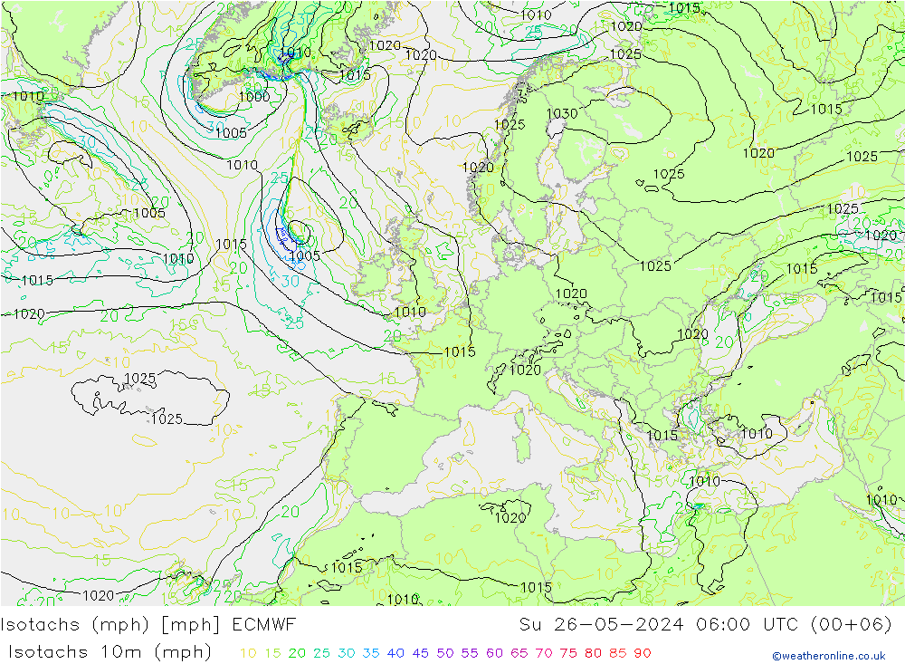 Isotachs (mph) ECMWF Su 26.05.2024 06 UTC