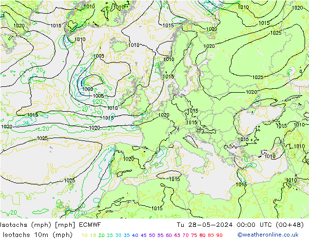 Isotachs (mph) ECMWF вт 28.05.2024 00 UTC