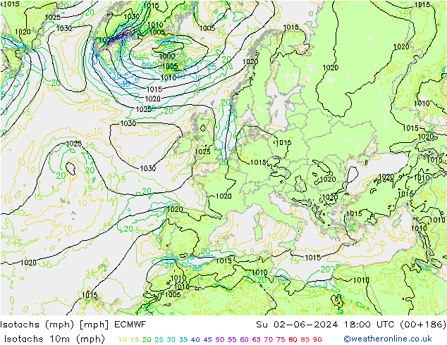 Isotachen (mph) ECMWF zo 02.06.2024 18 UTC