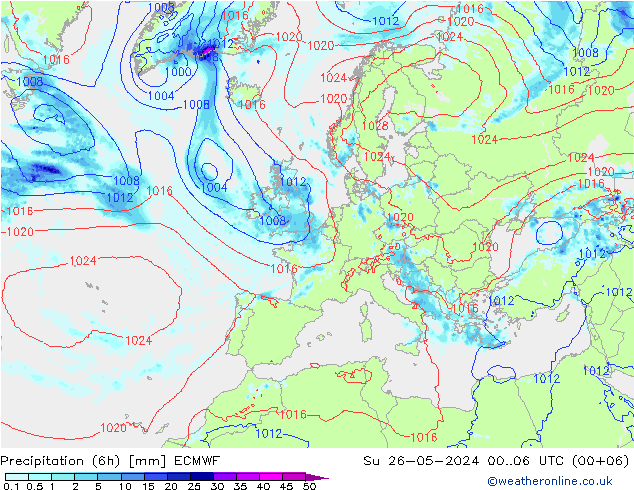 Totale neerslag (6h) ECMWF zo 26.05.2024 06 UTC