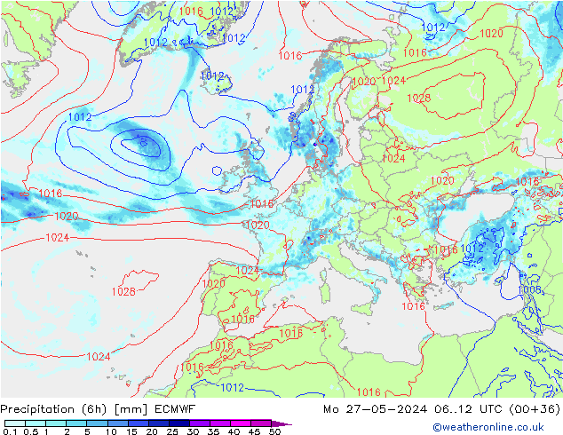 Z500/Rain (+SLP)/Z850 ECMWF Mo 27.05.2024 12 UTC