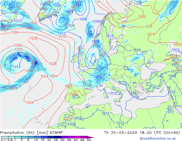 Z500/Rain (+SLP)/Z850 ECMWF  30.05.2024 00 UTC