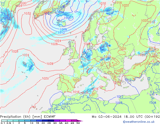 Précipitation (6h) ECMWF lun 03.06.2024 00 UTC