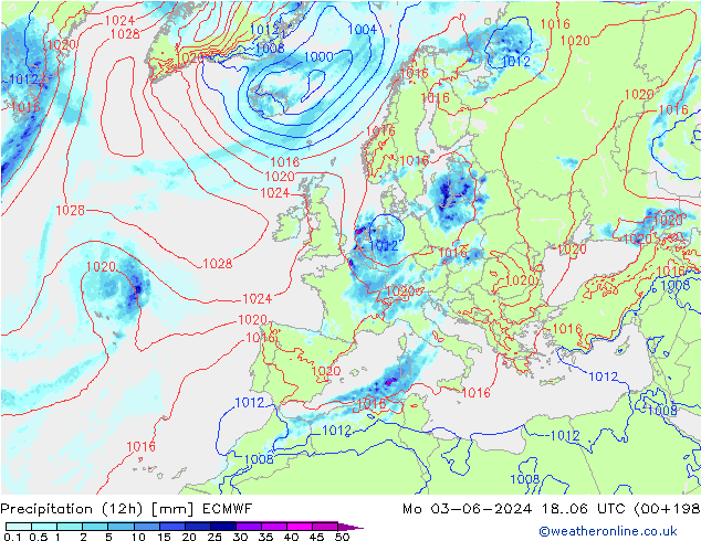 Precipitation (12h) ECMWF Po 03.06.2024 06 UTC